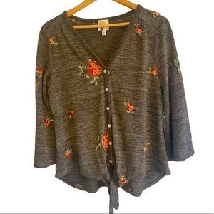 Fig and flower embroidered button up v-neck top